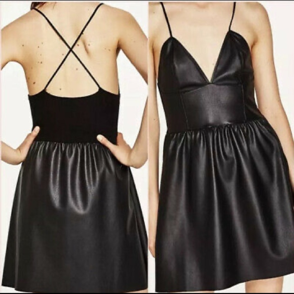 Zara Knit Black Faux Leather Fit & Flare Sleeveless Skater Dress Size M